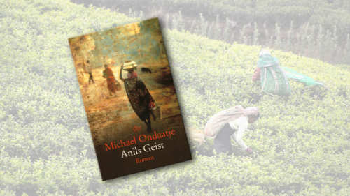 Buchcover von "Anils Geist" im Vordergrung, im Hintergrund sind zwei Frau in einem Teefeld
