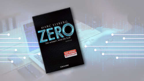 Buchcover von "Zero" im Vordergrung, der Hintergrund ist verschwommen und mit Binärcode