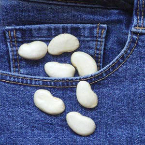 Weiße Glücksbohnen schauen aus der Tasche einer Jeans heraus.