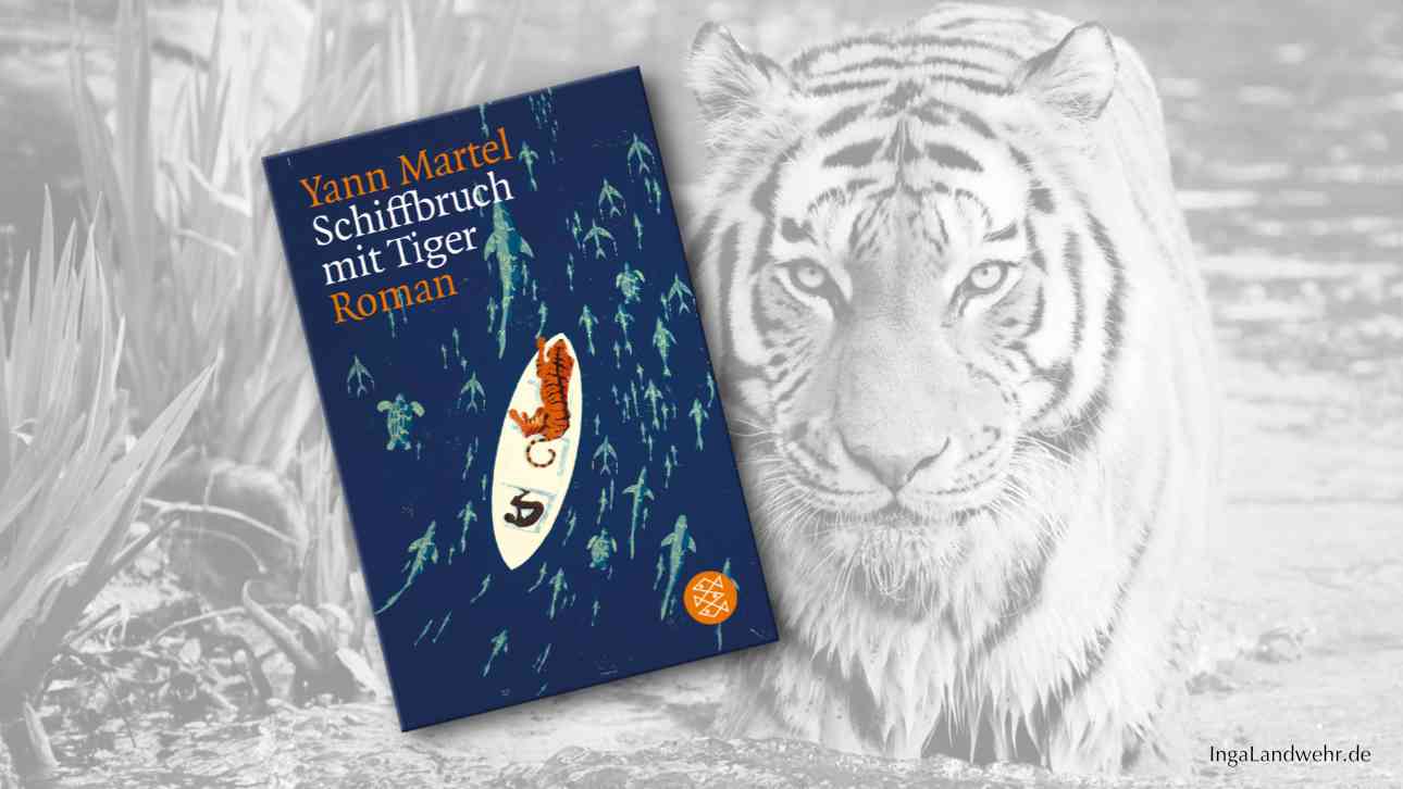 Buchcover von "Schiffbruch mit Tiger" im Vordergrund, im Hinter ein Schwarz-weiß-Foto von einem Tiger