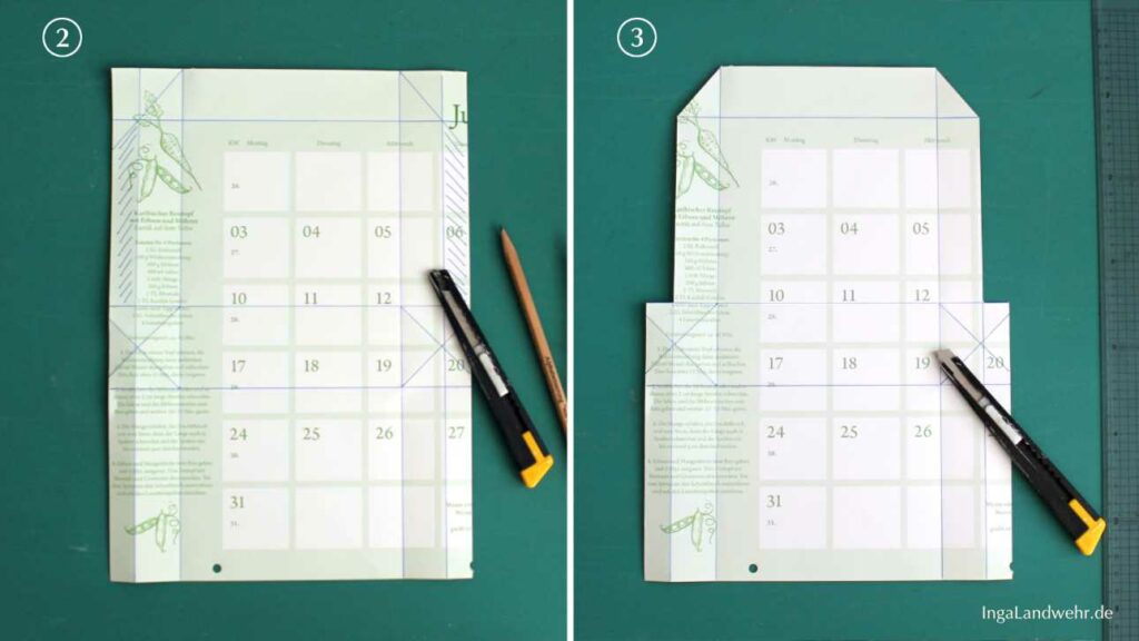 Ein Kalenderblatt mit aufgezeichneten Falzlinien liegt auf einer grüßen Schneidematte
