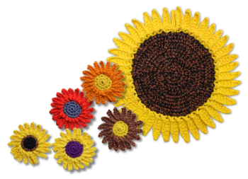 Bildcollage aus einem Sonnenblumen-Topflappen und fünf kleinen Sonnenblumen-Applikationen